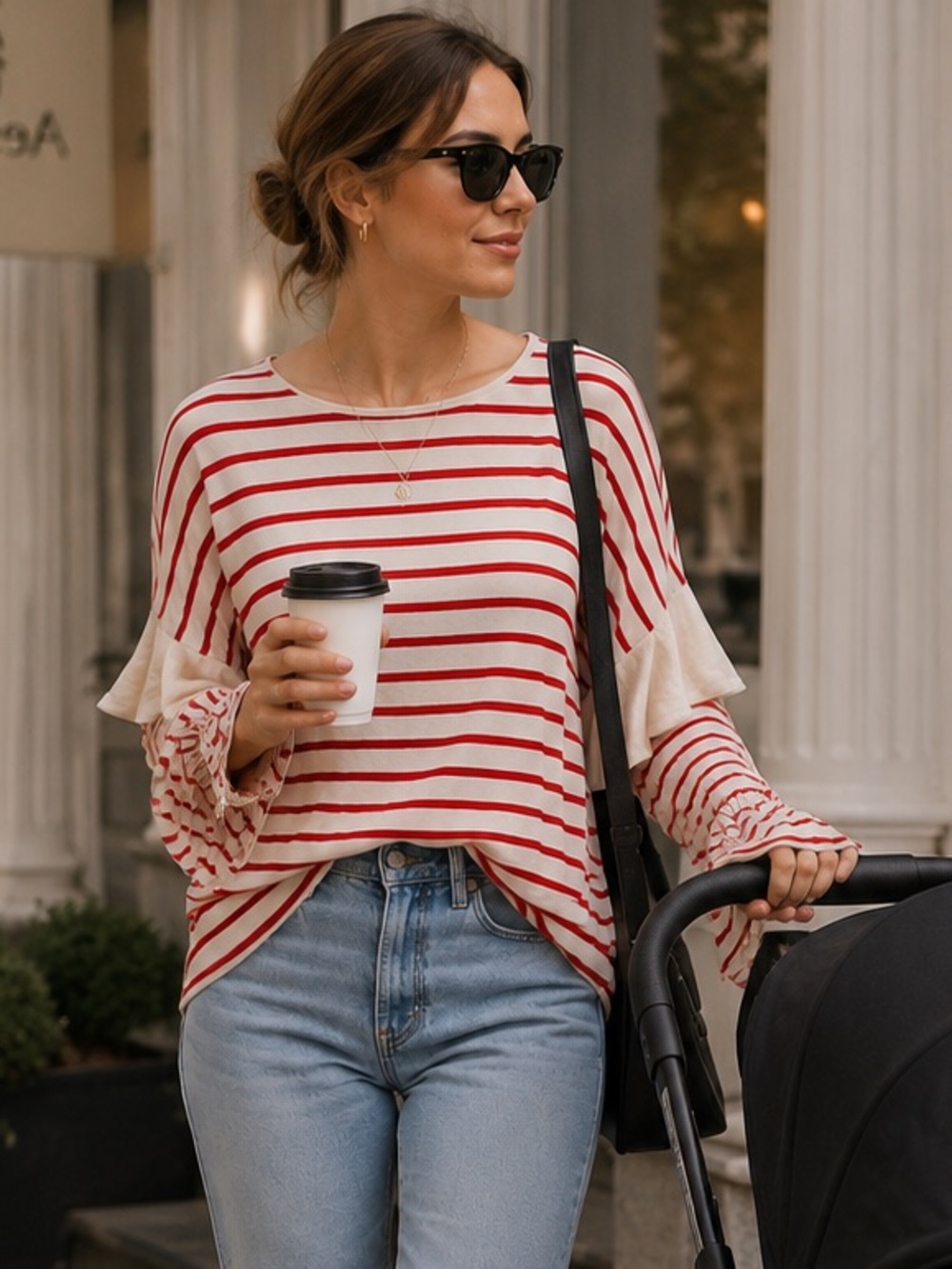 Love By Design Red & White Striped Bell Sleeve Boho Blouse Top Medium